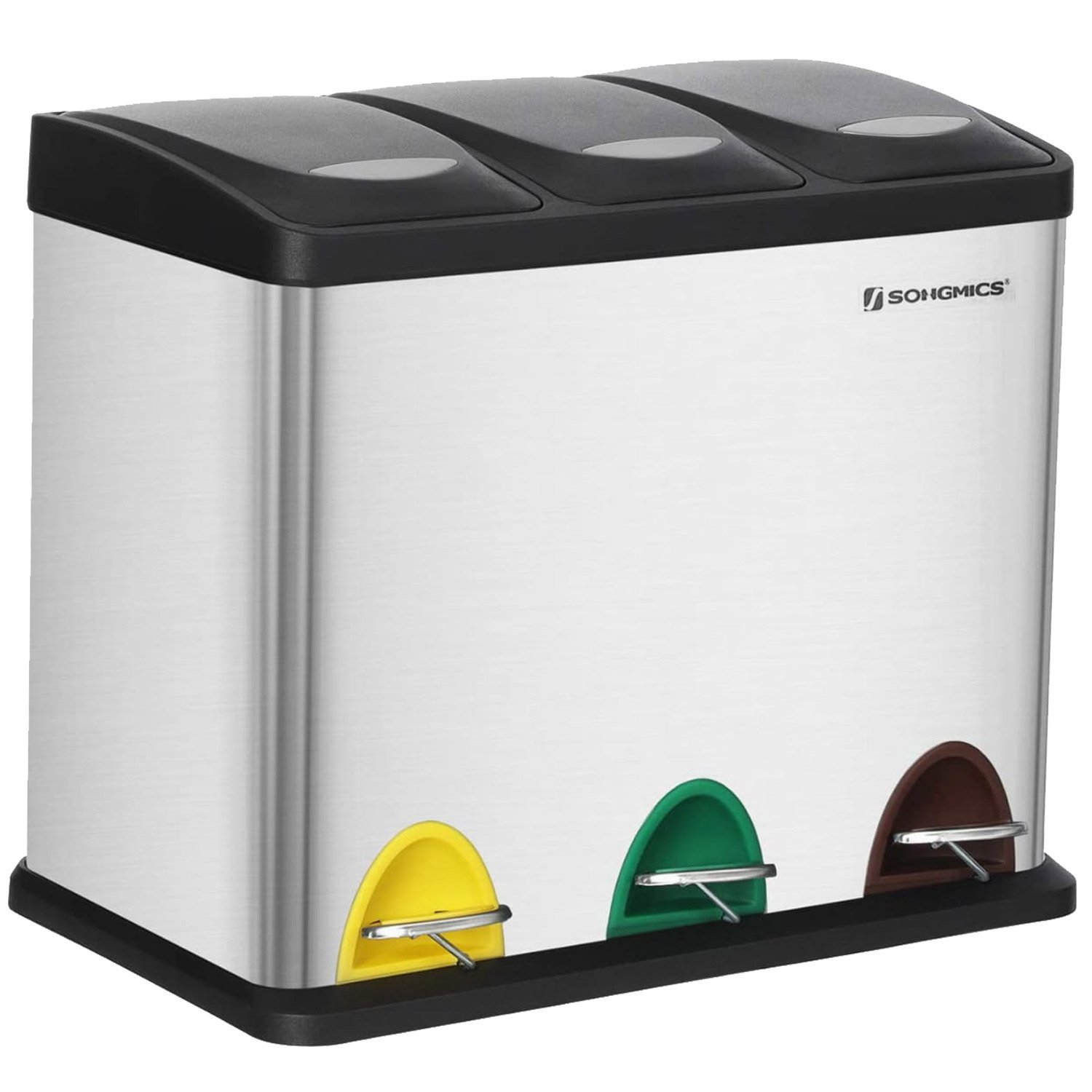 SONGMICS Cos de gunoi din inox cu 3 compartimente colectare selectiva, cu galeti interioare, 3x8litri, argintiu si negru