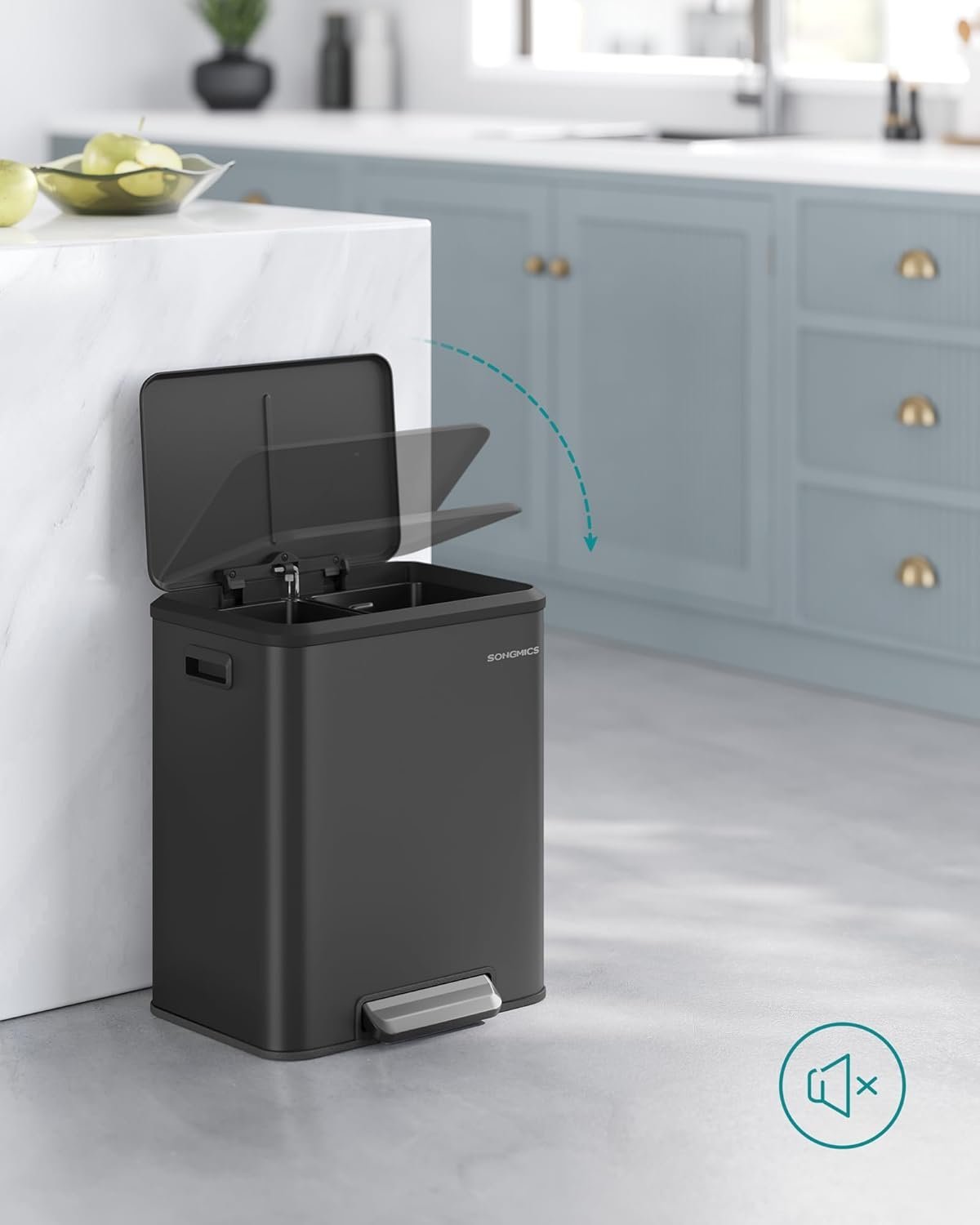 SONGMICS Cos gunoi metalic, 2 compartimente, 2×15 litri, pedala si inchidere silentioasa, negru