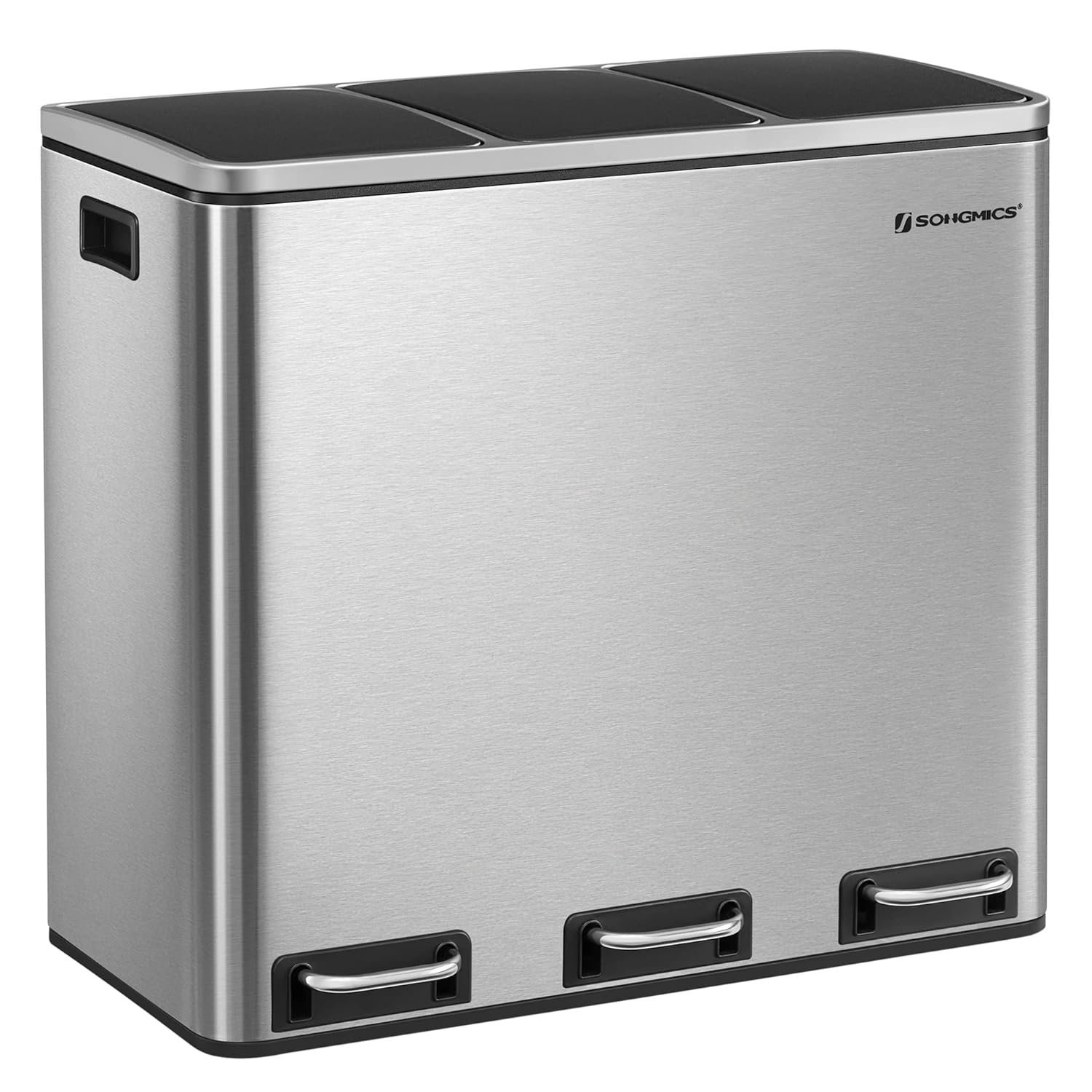 SONGMICS Cos de gunoi din inox cu 3 compartimente colectare selectiva, cu galeti interioare, 3x18litri, argintiu si negru