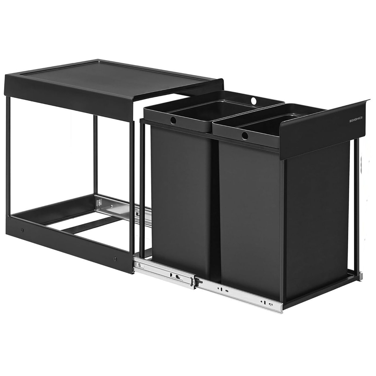 SONGMICS Cos de gunoi incorporabil pentru dulap bucatarie, 2 x 20 L, sistem pull-out, cadru metalic si capac ABS, 49x32x44 cm, negru