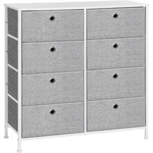 SONGMICS Comoda cu 8 sertare din material textil, cadru metalic si blat MDF, 80x30x81 cm, gri si alb