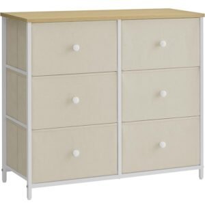 SONGMICS Comoda cu 6 sertare textile, cadru metalic, 80x30x71 cm, alb si crem