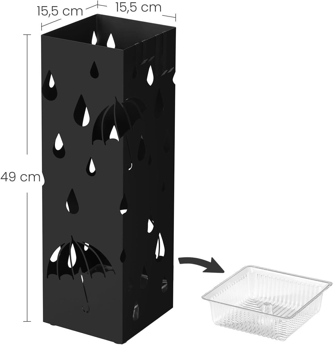 songmics suport metalic pentru umbrele, cu carlige si tava de picurare, 16x16x49cm, negru 2 SONGMICS Suport metalic pentru umbrele, cu carlige si tava de picurare, 16x16x49cm, negru - imagine 2