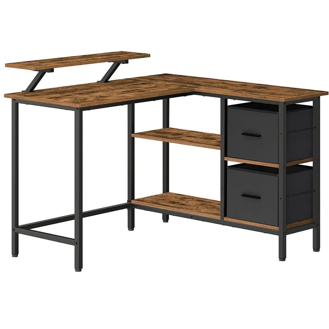 VASAGLE Birou de colt in forma L, cu 2 sertare si suport monitor, montare pe ambele parti, stil industrial, 115×105 cm, maro rustic
