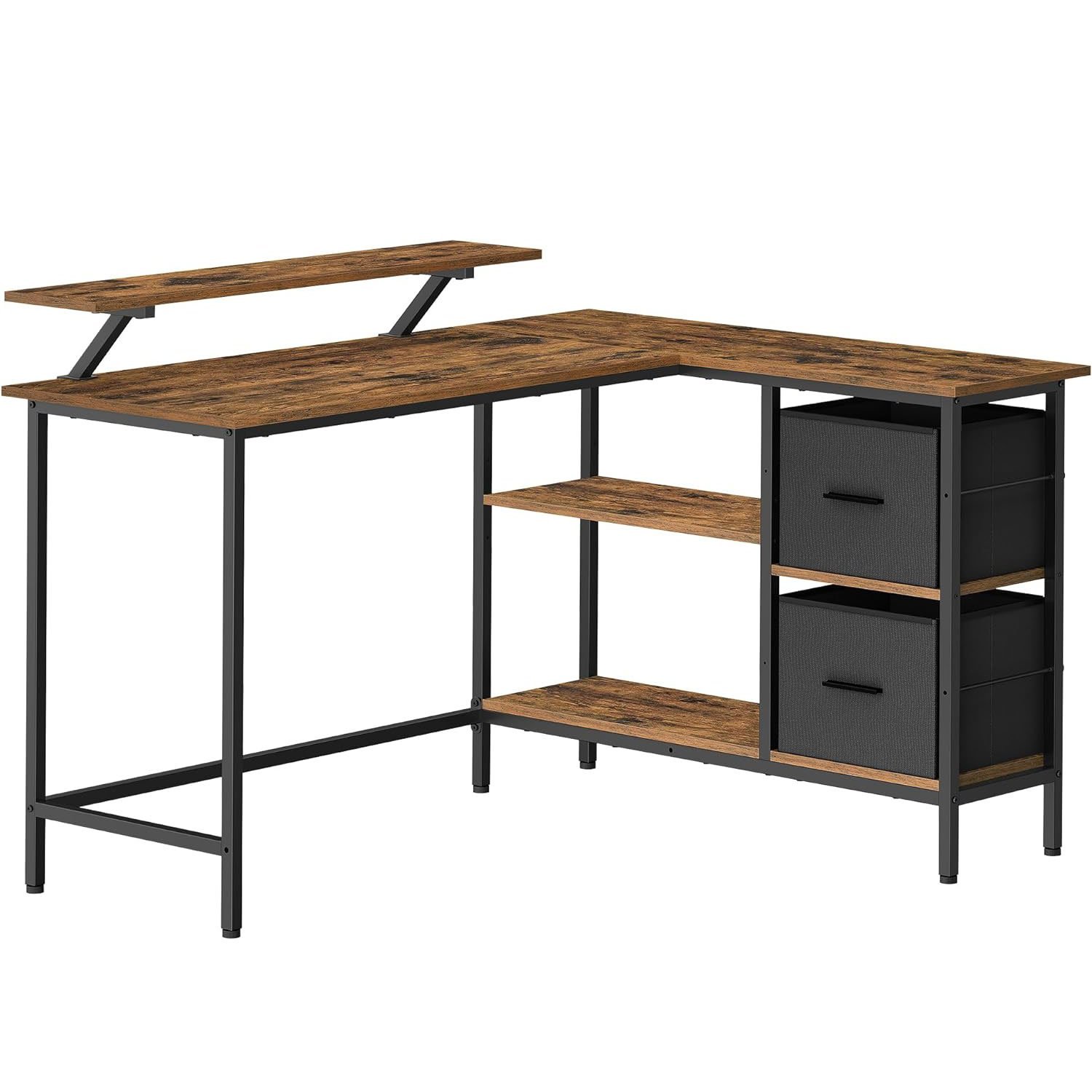 VASAGLE Birou in forma de L, suport monitor, 2 rafturi si 2 sertare, 105x135x76 cm, maro rustic