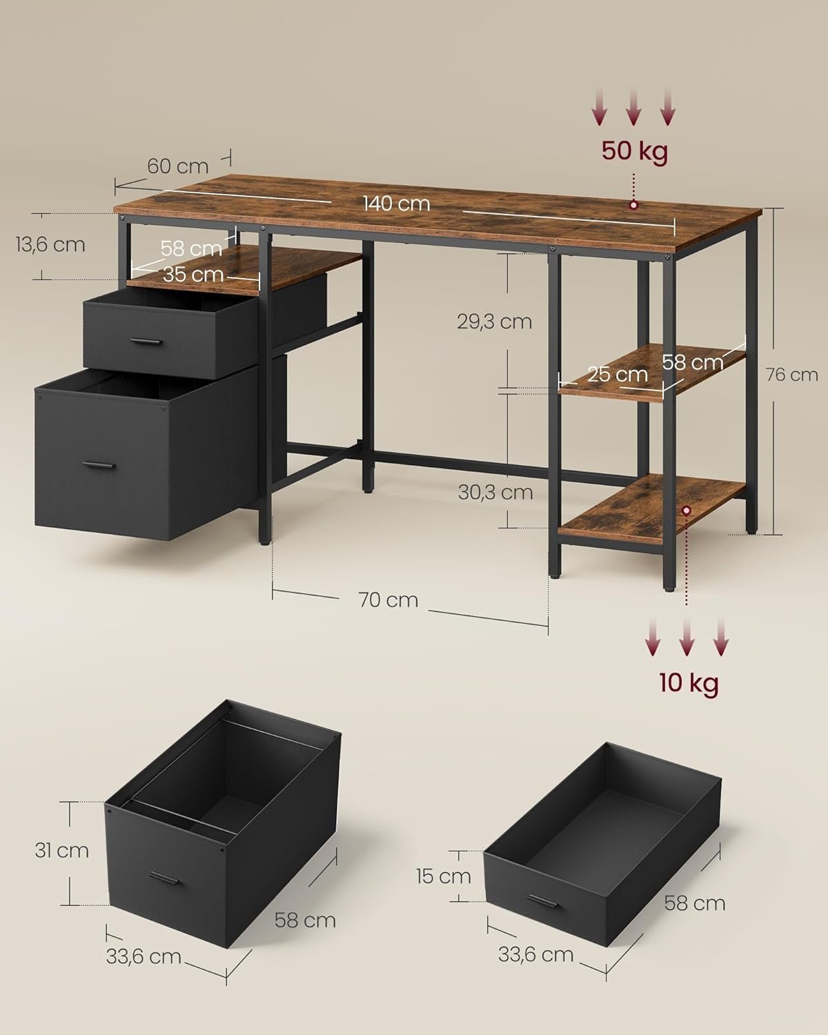 vasagle birou calculator cu 3 rafturi si 2 sertare, cadru metalic, stil industrial, 140x60x76 cm, maro rustic 2 VASAGLE Birou calculator cu 3 rafturi si 2 sertare, cadru metalic, stil industrial, 140x60x76 cm, maro rustic - imagine 2