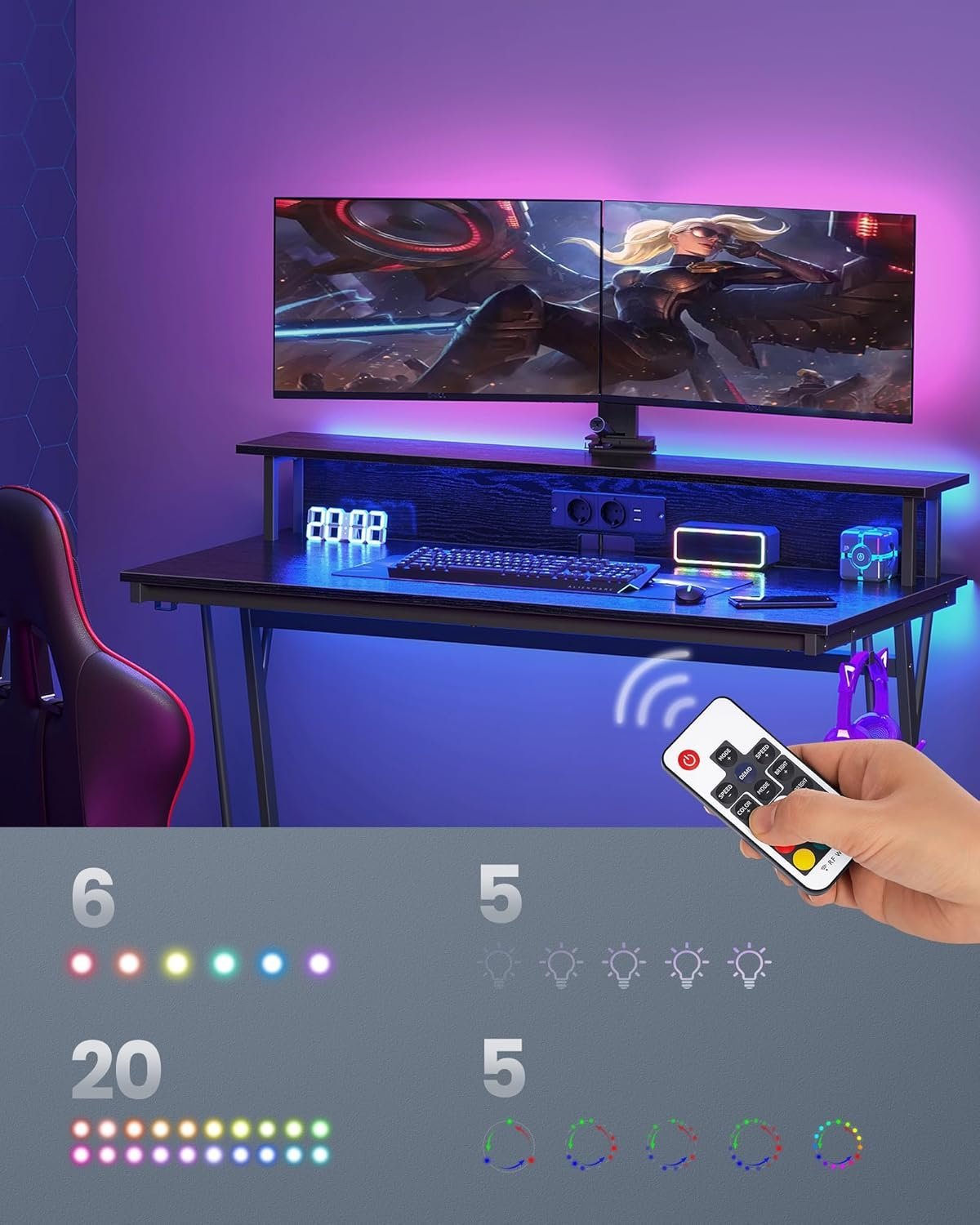vasagle birou gaming cu iluminare led reglabila, 2 prize si 2 usb, suport 2 monitoare, 120x60x76 cm, negru 4 VASAGLE Birou gaming cu iluminare LED reglabila, 2 prize si 2 USB, suport 2 monitoare, 120x60x76 cm, negru - imagine 4
