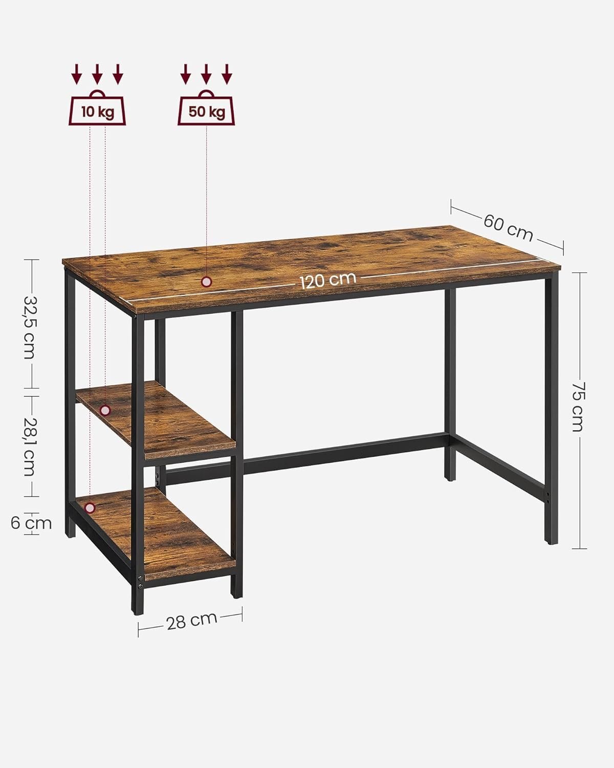 vasagle birou cu 2 rafturi pe stanga sau dreapta, cadru din otel, 60x120x75cm, industrial, maro rustic si negru 2 VASAGLE Birou cu 2 rafturi pe stanga sau dreapta, cadru din otel, 60x120x75cm, industrial, maro rustic si negru - imagine 2