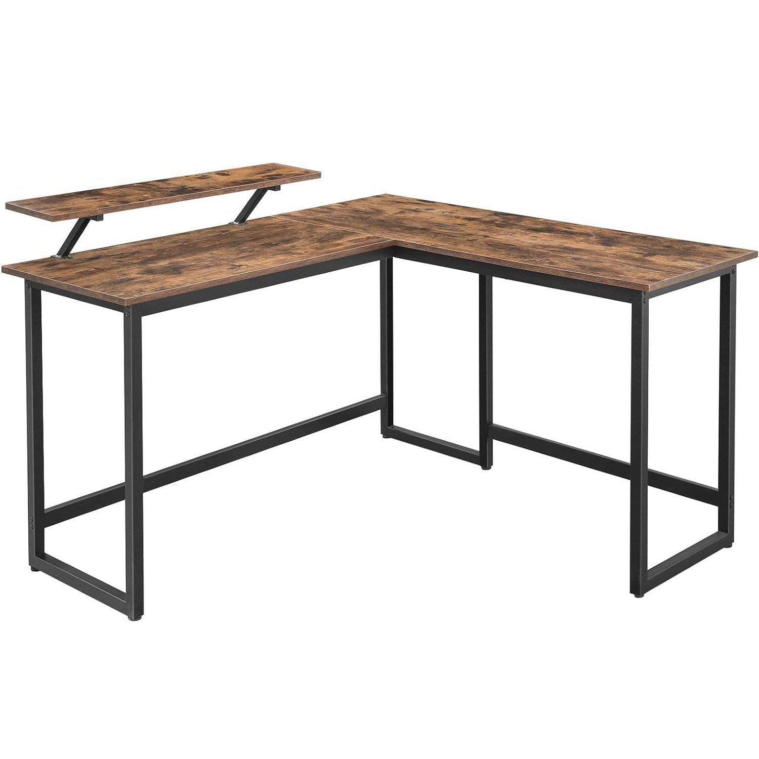 VASAGLE Birou in forma de L cu suport pentru monitor, cadru metalic, 140x130x76cm, maro rustic