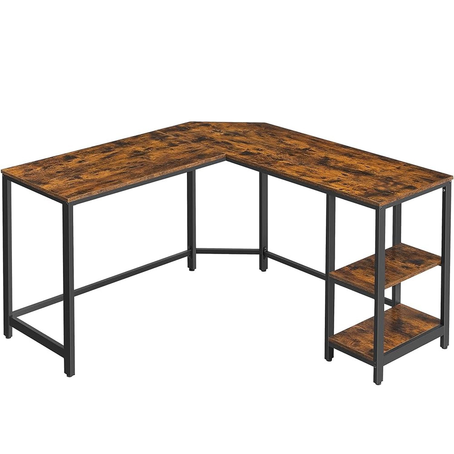 VASAGLE Birou de colt in forma de L, cu 2 rafturi de depozitare, 138x138x75cm, industrial, maro rustic si negru