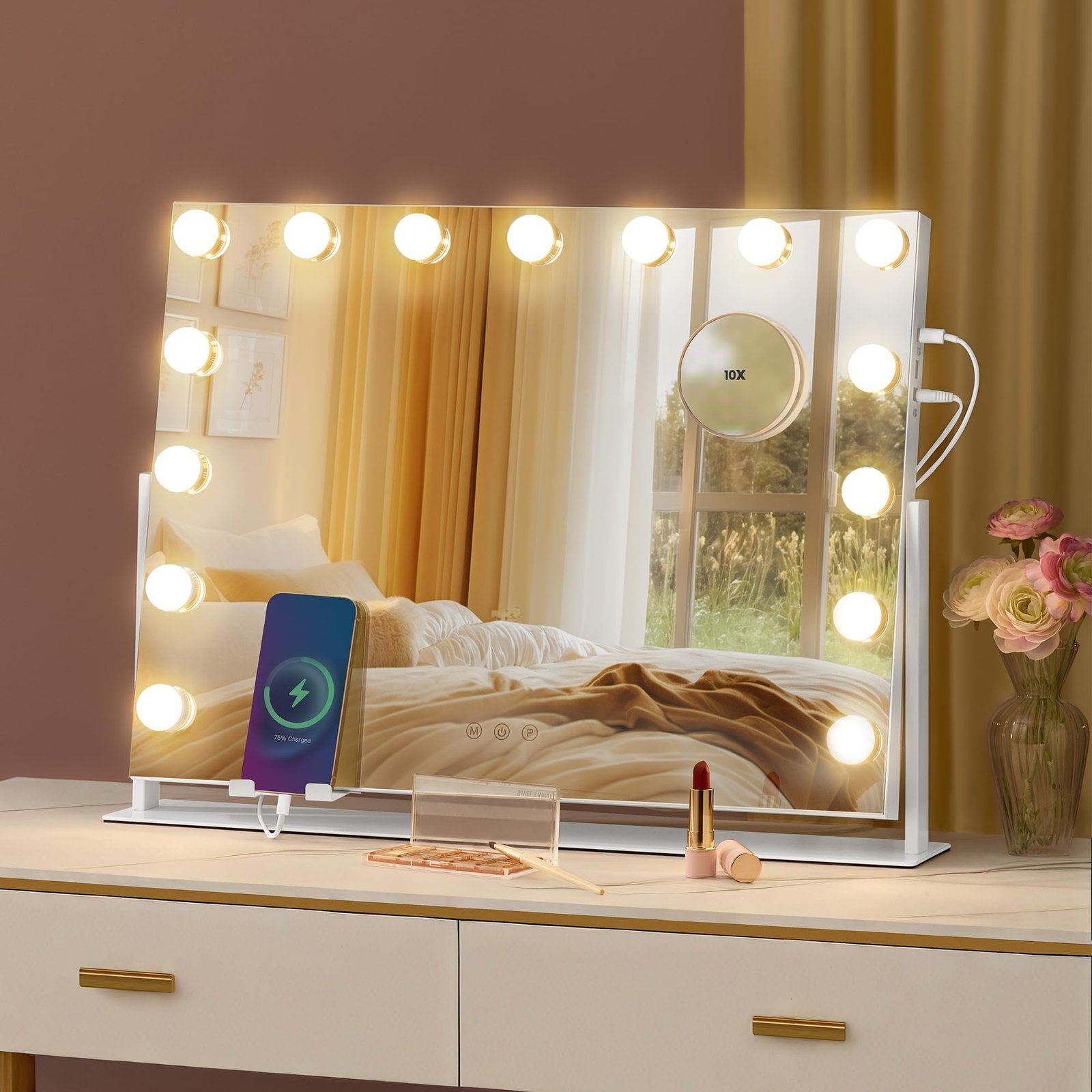 songmics oglinda machiaj cu iluminare led, 3 culori lumina, suport telefon, porturi usb, zoom 10x, 58x43 cm, alb 1 SONGMICS Oglinda machiaj cu iluminare LED, 3 culori lumina, suport telefon, porturi USB, zoom 10x, 58x43 cm, alb