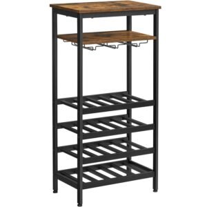 VASAGLE Raft pentru vinuri, capacitate 20 de sticle, cu suport pentru pahare, stil industrial, 50x32x100cm, maro rustic si negru