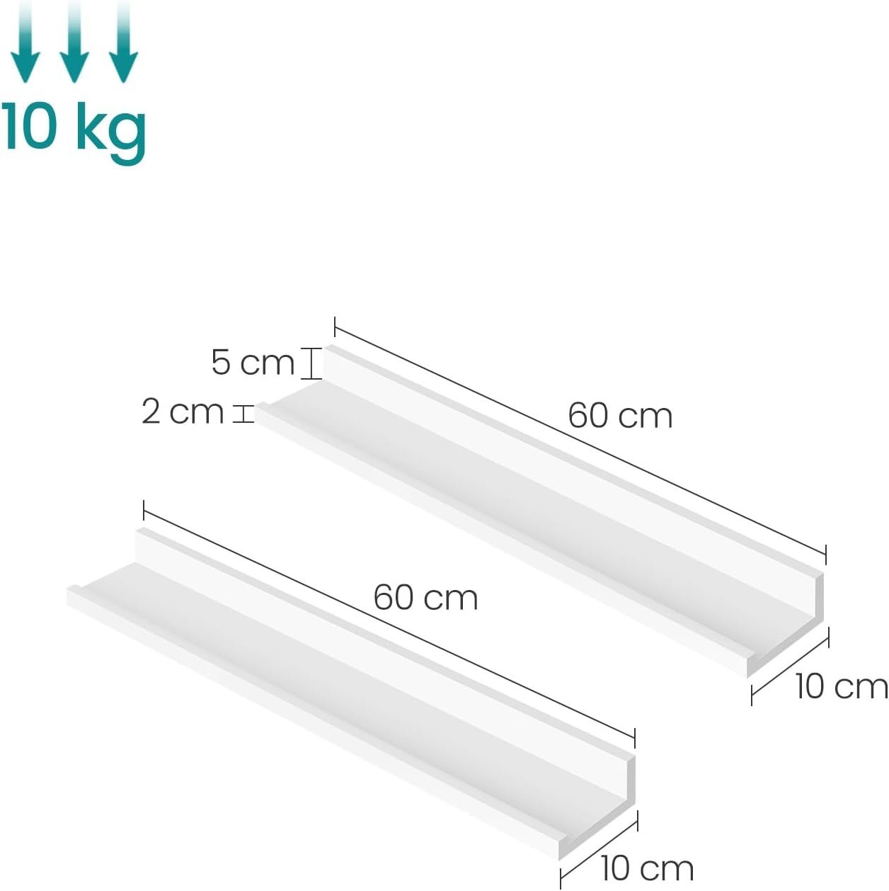 songmics set 2 rafturi plutitoare suspendate perete cu finisaj lucios, mdf, 60x10x5 cm, alb 3 SONGMICS Set 2 rafturi plutitoare suspendate perete cu finisaj lucios, MDF, 60x10x5 cm, alb - imagine 3