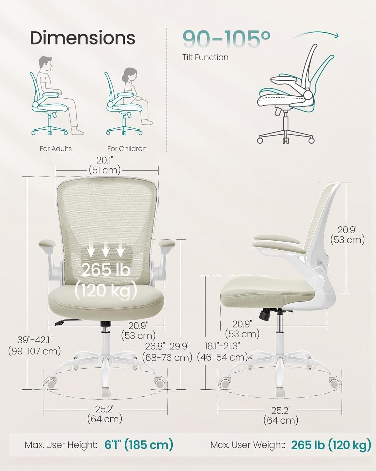 songmics scaun de birou ergonomic reglabil cu spatar mesh si suport lombar, maxim 120 kg, 64x64x107 cm, bej 3 SONGMICS Scaun de birou ergonomic reglabil cu spatar mesh si suport lombar, maxim 120 kg, 64x64x107 cm, bej - imagine 3
