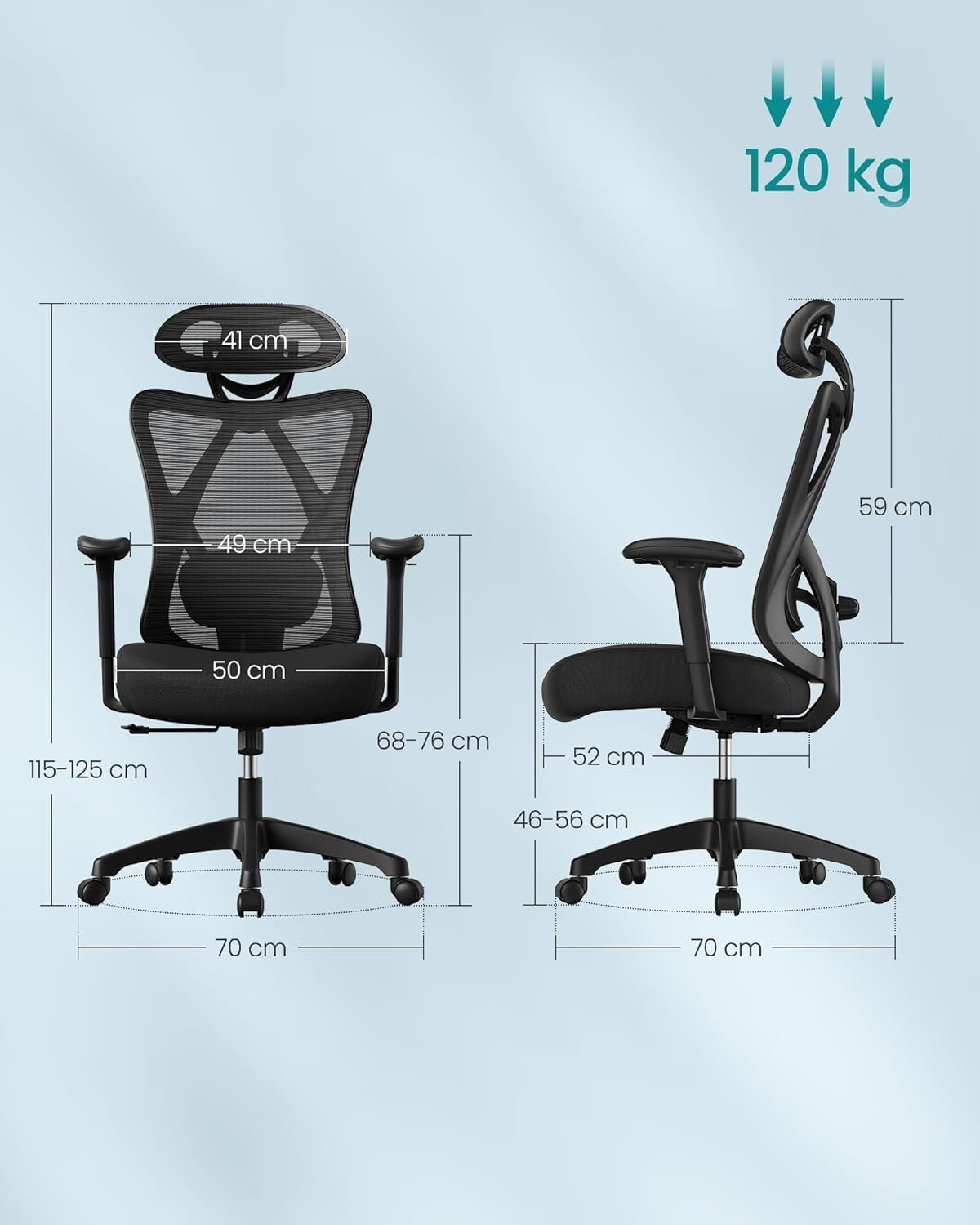 songmics scaun de birou ergonomic reglabil cu suport lombar si tetiera, maxim 120 kg, 70x70x125 cm, negru 3 SONGMICS Scaun de birou ergonomic reglabil cu suport lombar si tetiera, maxim 120 kg, 70x70x125 cm, negru - imagine 3