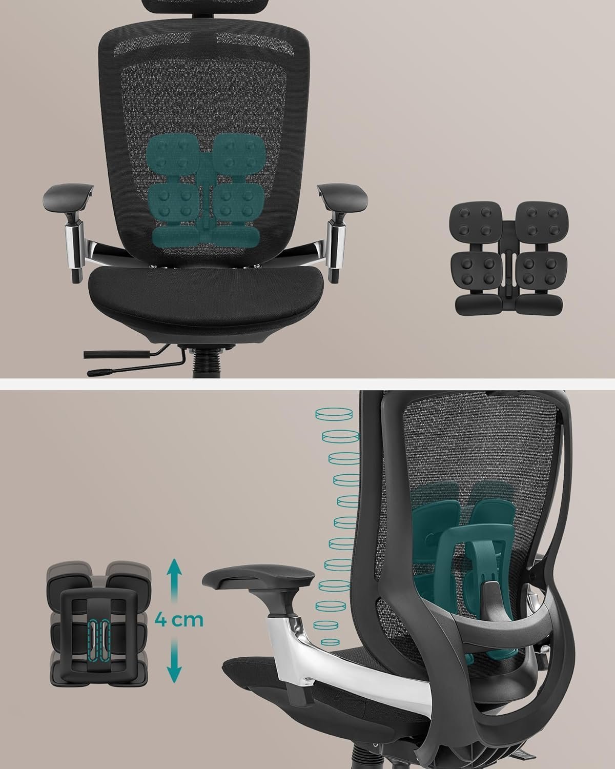 songmics scaun de birou ergonomic reglabil cu tetiera si suport lombar, inclinare 135°, maxim 150 kg, 70x70x125 cm, negru 3 SONGMICS Scaun de birou ergonomic reglabil cu tetiera si suport lombar, inclinare 135°, maxim 150 kg, 70x70x125 cm, negru - imagine 3
