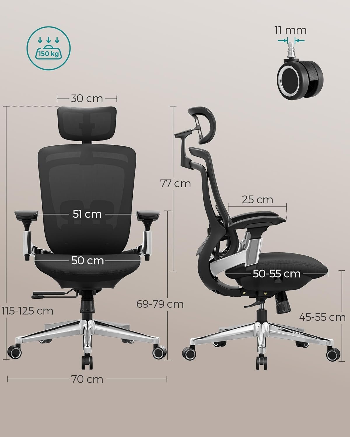 songmics scaun de birou ergonomic reglabil cu tetiera si suport lombar, inclinare 135°, maxim 150 kg, 70x70x125 cm, negru 4 SONGMICS Scaun de birou ergonomic reglabil cu tetiera si suport lombar, inclinare 135°, maxim 150 kg, 70x70x125 cm, negru - imagine 4