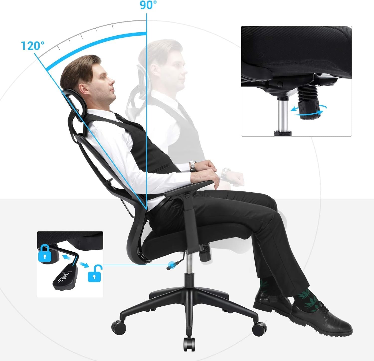songmics scaun de birou ergonomic cu tetiera si suport lombar, reglabil, mecanism balans, maxim 120 kg, 70x70x133 cm, negru 4 SONGMICS Scaun de birou ergonomic cu tetiera si suport lombar, reglabil, mecanism balans, maxim 120 kg, 70x70x133 cm, negru - imagine 4