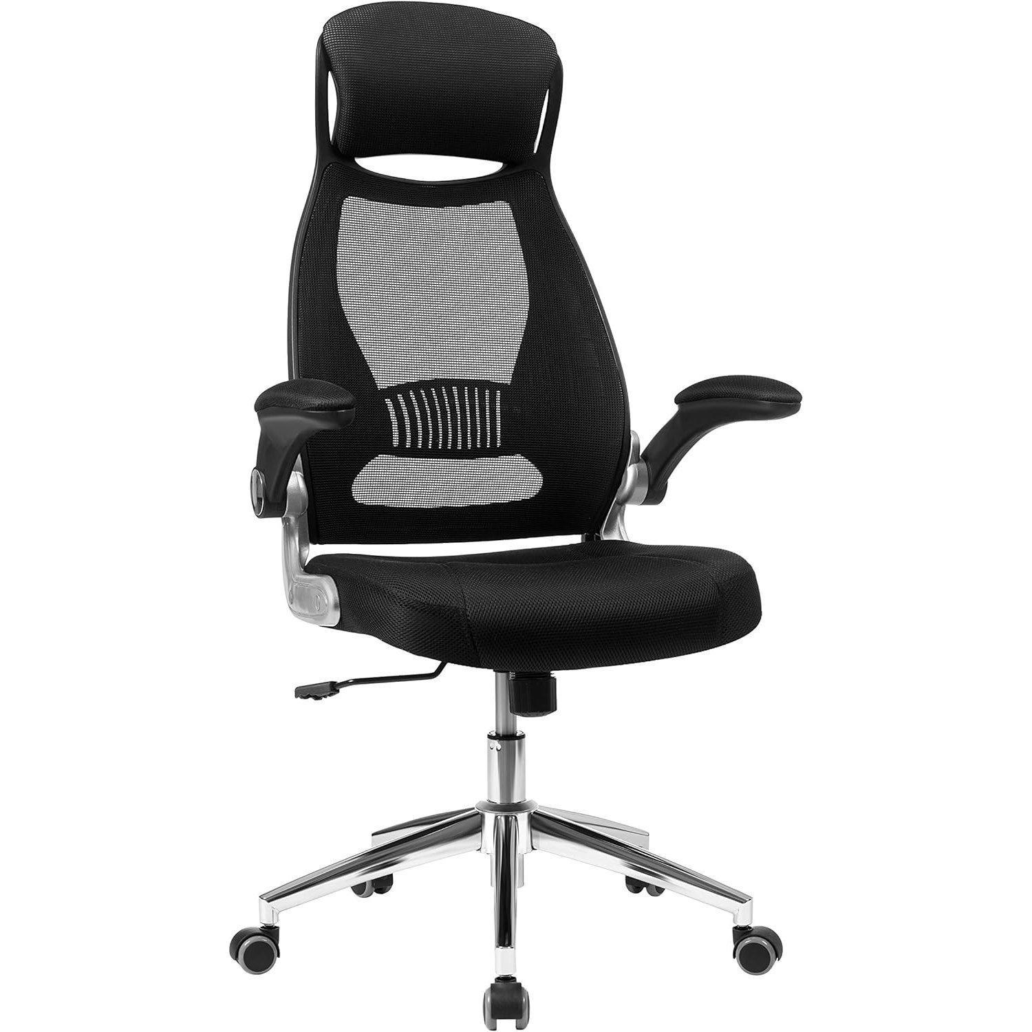 SONGMICS Scaun de birou ergonomic cu tetiera si brate rabatabile, spatar mesh, maxim 120 kg, 68×116-126 cm, negru