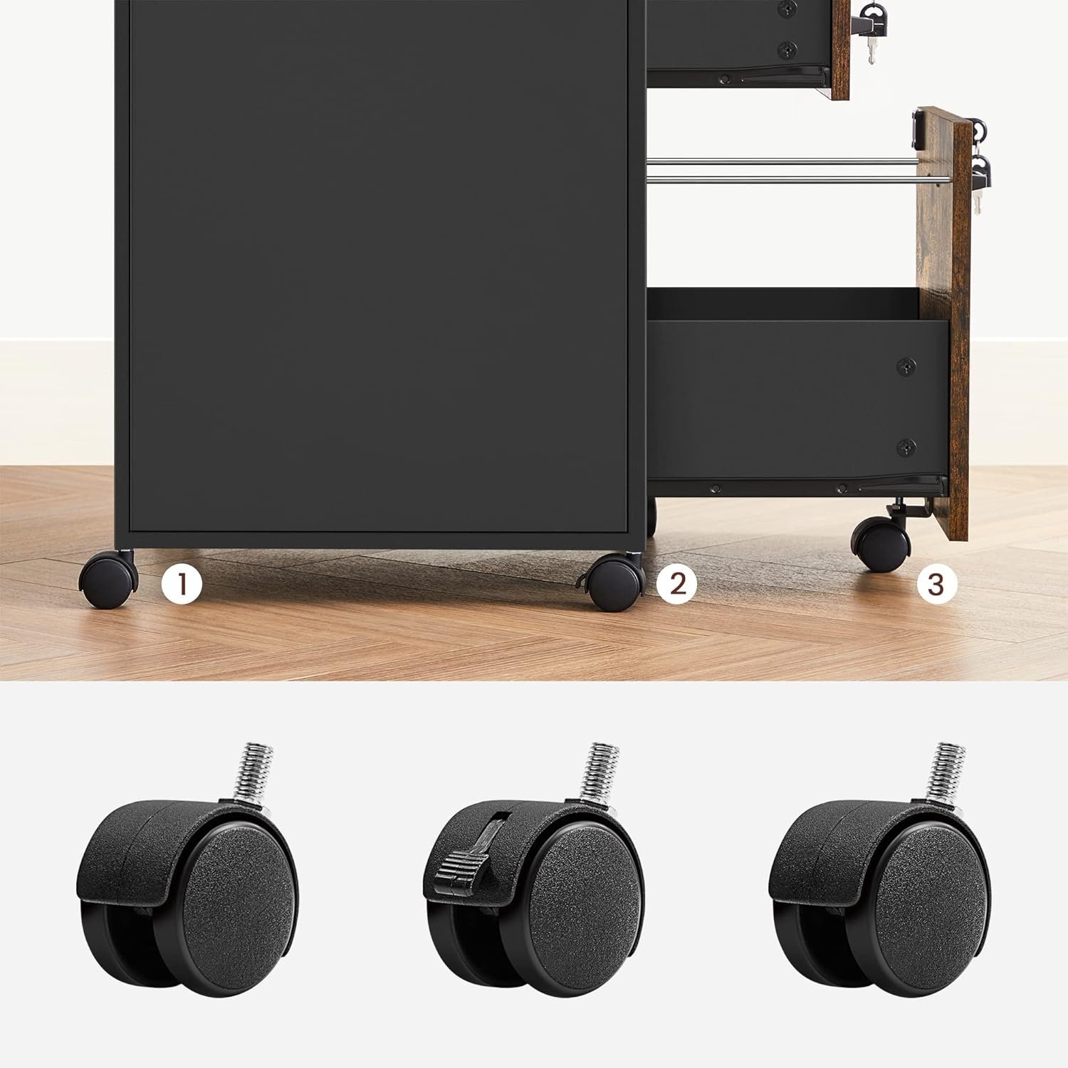 vasagle dulap mobil 42x44x69 cm, cu 2 sertare si roti cu frana, compartiment deschis si suport dosare, pal si otel, maro rustic si negru 2 VASAGLE Dulap mobil 42x44x69 cm, cu 2 sertare si roti cu frana, compartiment deschis si suport dosare, PAL si otel, maro rustic si negru - imagine 2