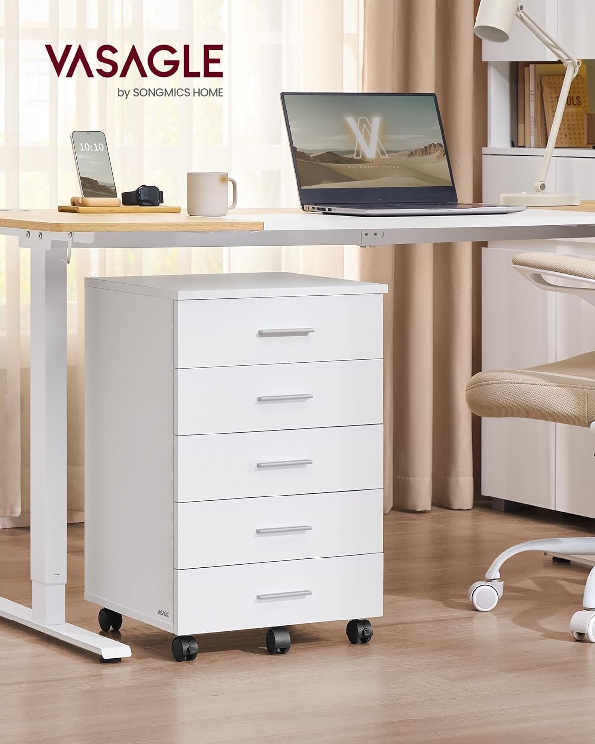 vasagle dulap mobil rollbox pentru birouri, cu 5 sertare si roti, cadru din pal, 42x40x66 cm, alb 3 VASAGLE Dulap mobil rollbox pentru birouri, cu 5 sertare si roti, cadru din PAL, 42x40x66 cm, alb - imagine 3