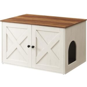 FEANDREA Litiera mascata tip mobilier cu usi model hambar, compartiment cu separator, 80x53x50 cm, alb