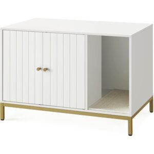 FEANDREA Dulap mascat pentru litiera pisici, cu cadru metalic auriu, 80x50x55 cm, alb