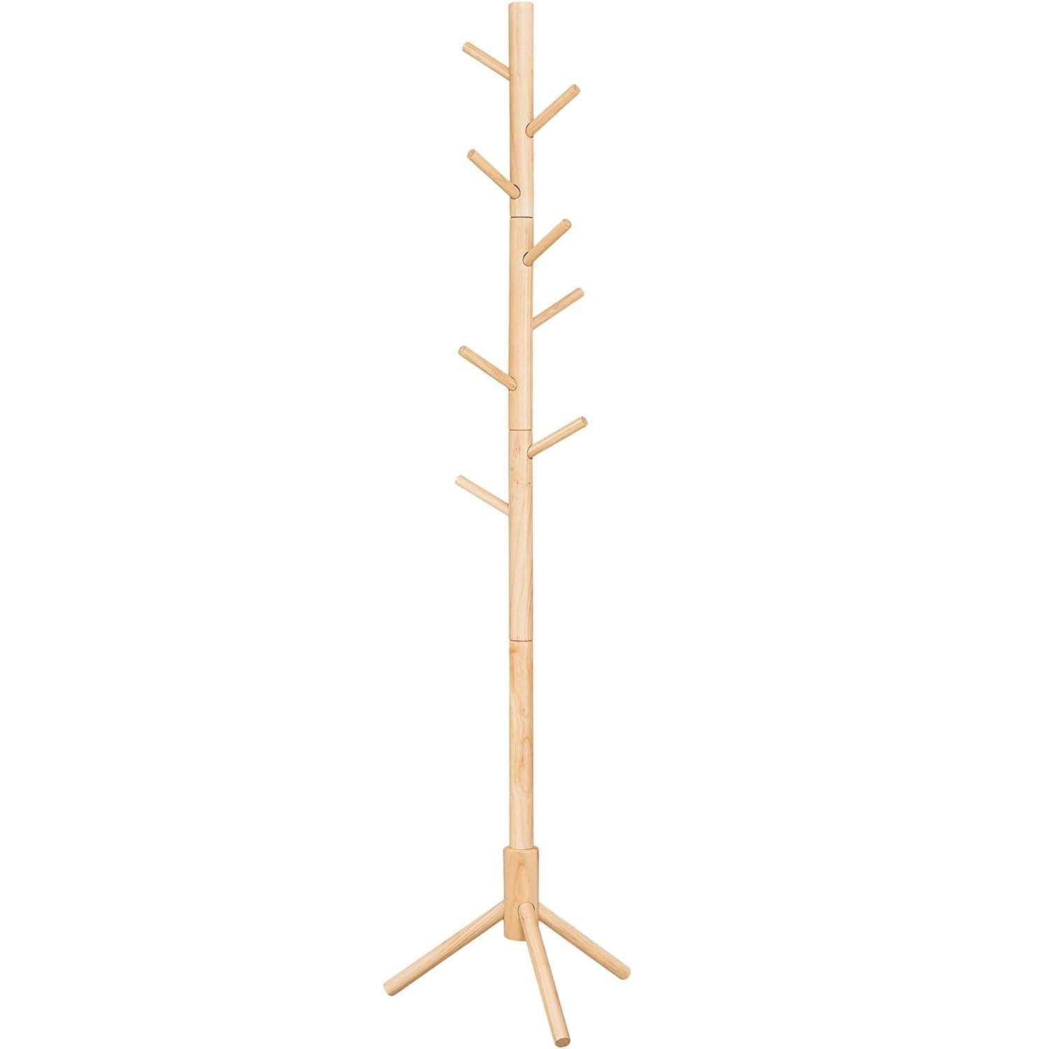 VASAGLE Cuier lemn masiv 47x47x175 cm, 8 carlige si inaltime reglabila, baza triunghiulara, natur