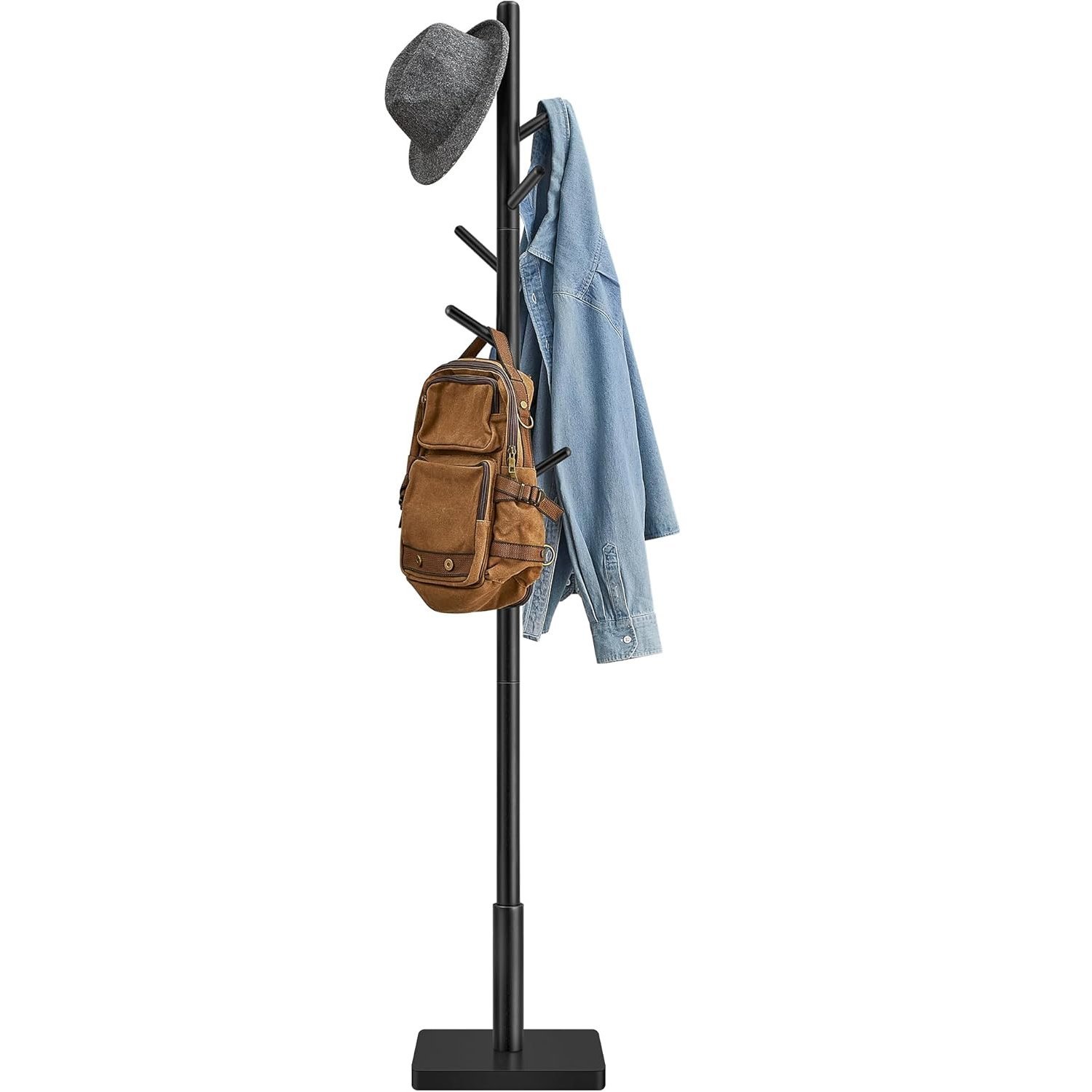 VASAGLE Cuier pentru haine, din lemn masiv, tip pom, cu 8 carlige, baza patrata, 175cm, negru