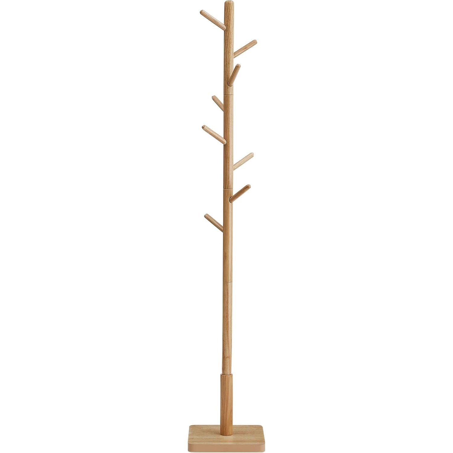 VASAGLE Cuier tip copac din lemn masiv, cu 8 carlige si baza patrata, 30x30x176 cm, bej natural