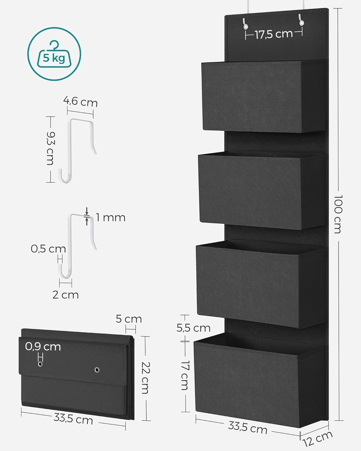 SONGMICS Organizator de depozitare pentru usa sau dulap, 4 buzunare, 12x34x100cm, negru 2 SONGMICS Organizator de depozitare pentru usa sau dulap, 4 buzunare, 12x34x100cm, negru - imagine 2