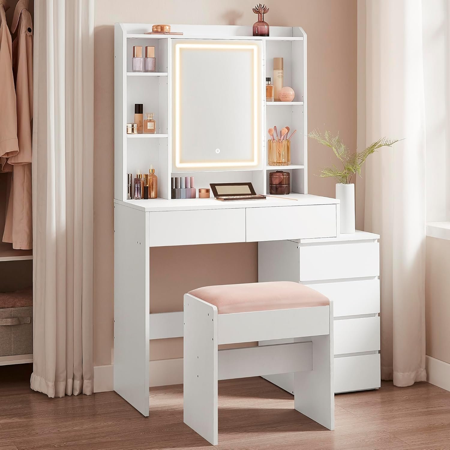 VASAGLE Masa de toaleta cu taburet si oglinda, iluminare LED reglabila, 6 sertare, 98x40x145 cm, alb