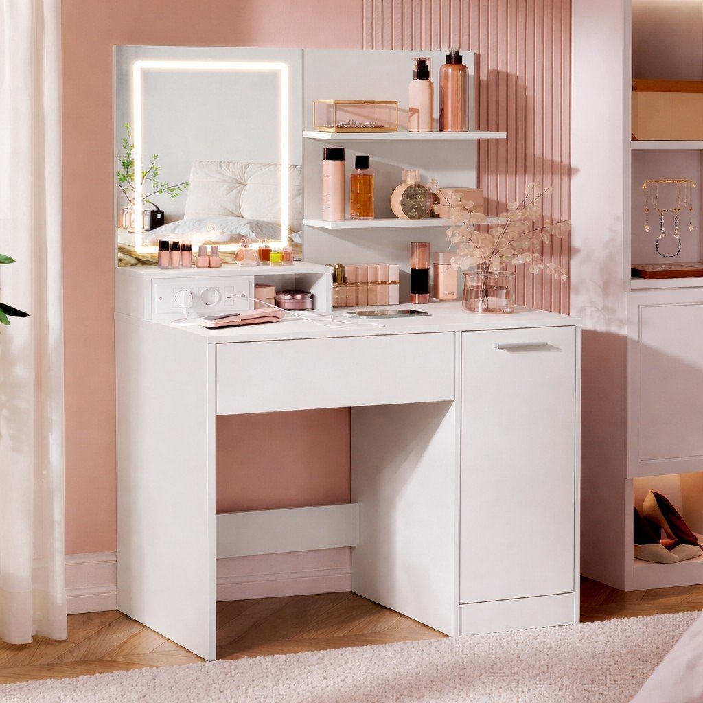 VASAGLE Masa de toaleta Kailyn cu oglinda LED si priza integrata, porturi USB, sertar, rafturi si dulap, PAL, 80x40x132 cm, alb
