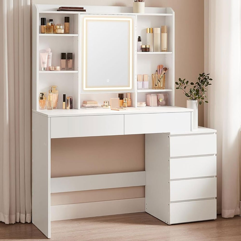 VASAGLE Masa de toaleta cu oglinda, iluminare LED reglabila, 6 sertare, 118x40x145 cm, alb