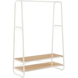 VASAGLE Raft pentru haine cu suport pentru pantofi, 2 polite, 6 carlige laterale, 45x100x160cm, alb-crem