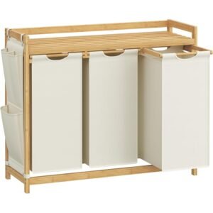 SONGMICS Cos rufe cu 3 compartimente si raft superior din bambus, 3 x 50 litri, saci detasabili, 94x33x78 cm, maro natur