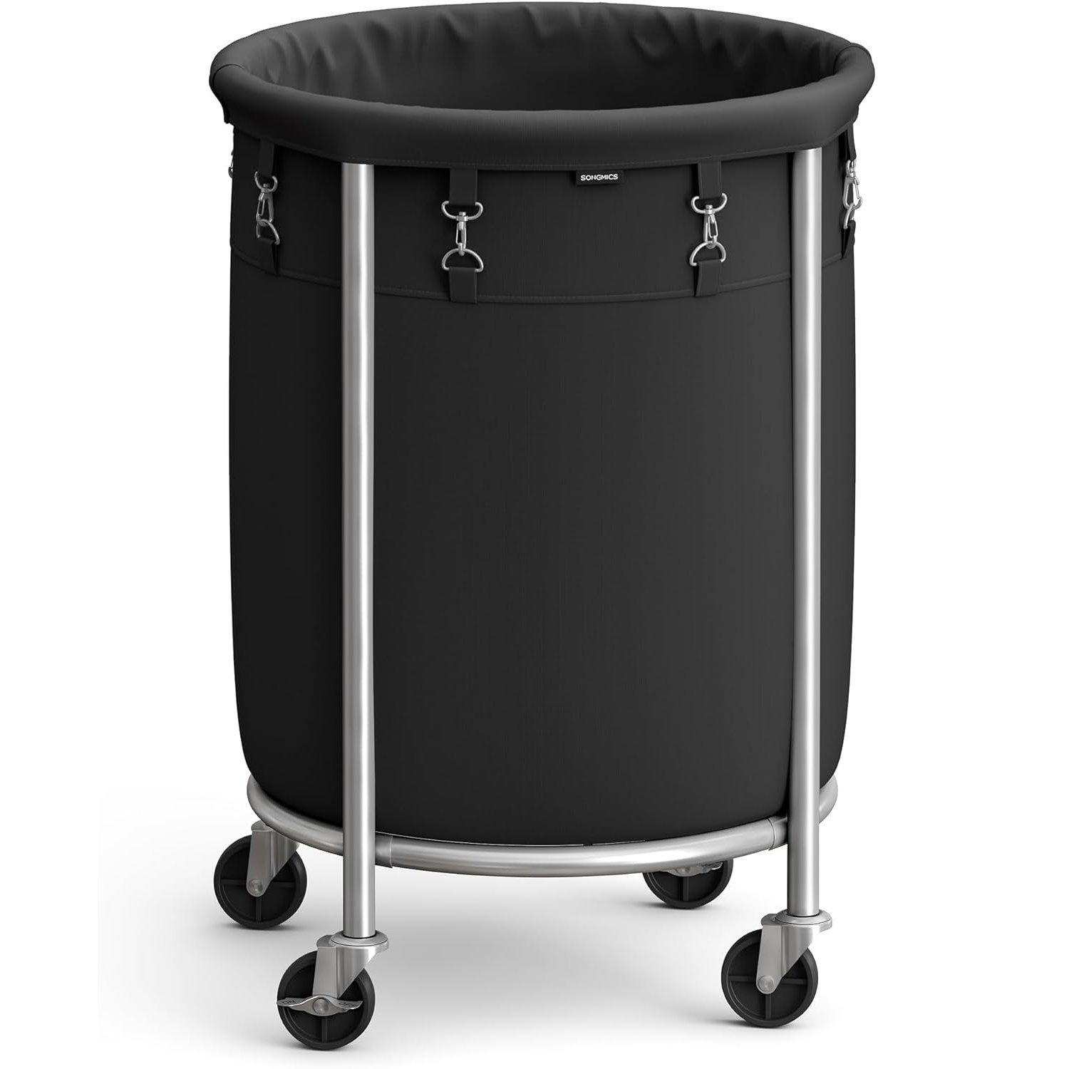 SONGMICS Cos de rufe rotund cu roti, cadru din otel, sac de rufe detasabil, 110 litri, negru