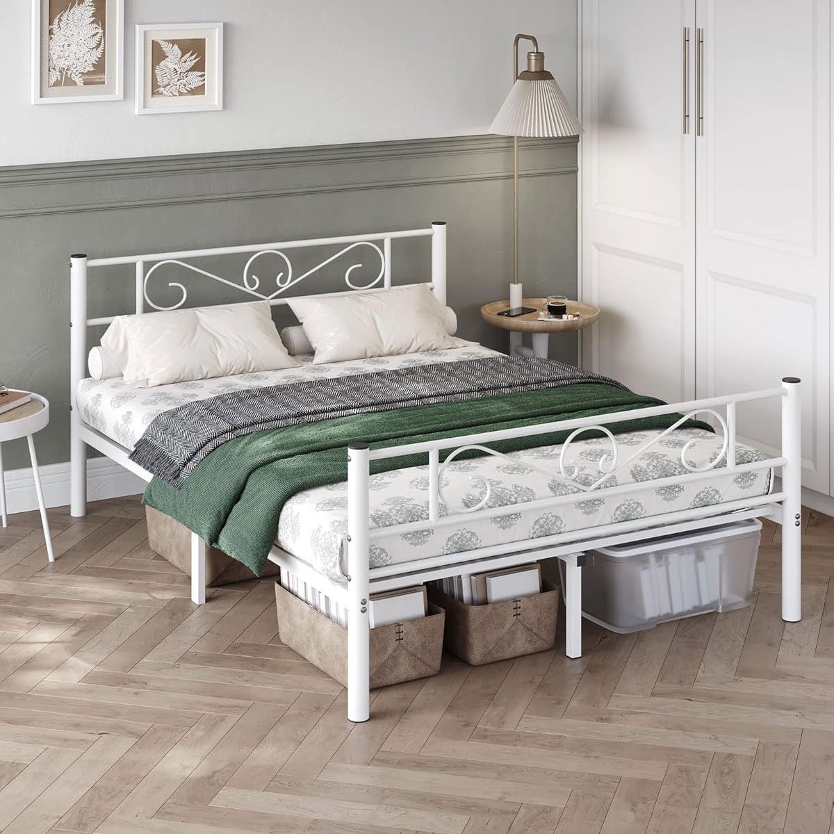 VASAGLE Cadru metalic de pat dublu, 140×190 cm, alb