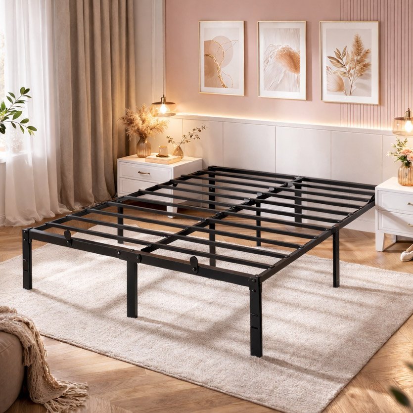 VASAGLE Cadru pat dublu 140×190 cm, structura metalica rezistenta 450 kg, cu spatiu de depozitare, negru