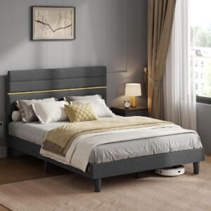 VASAGLE Pat tapitat 140×200 cm, cu tablie capitonata, somiera din lemn masiv reglabila, structura metalica, gri inchis