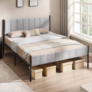 VASAGLE Pat tapitat 160×200 cm, cu tablie capitonata, cadru otel, somiera metalica fixa cu sustinere 500 kg, gri deschis