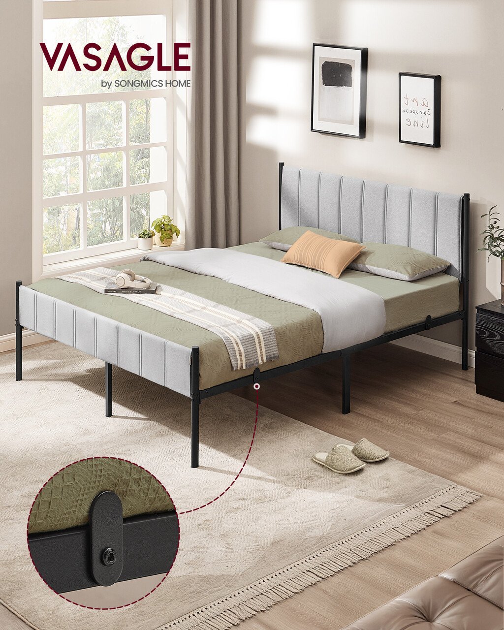 VASAGLE Pat tapitat 160x200 cm, cu tablie capitonata, cadru otel, somiera metalica fixa cu sustinere 500 kg, gri deschis 3 VASAGLE Pat tapitat 160x200 cm, cu tablie capitonata, cadru otel, somiera metalica fixa cu sustinere 500 kg, gri deschis - imagine 3