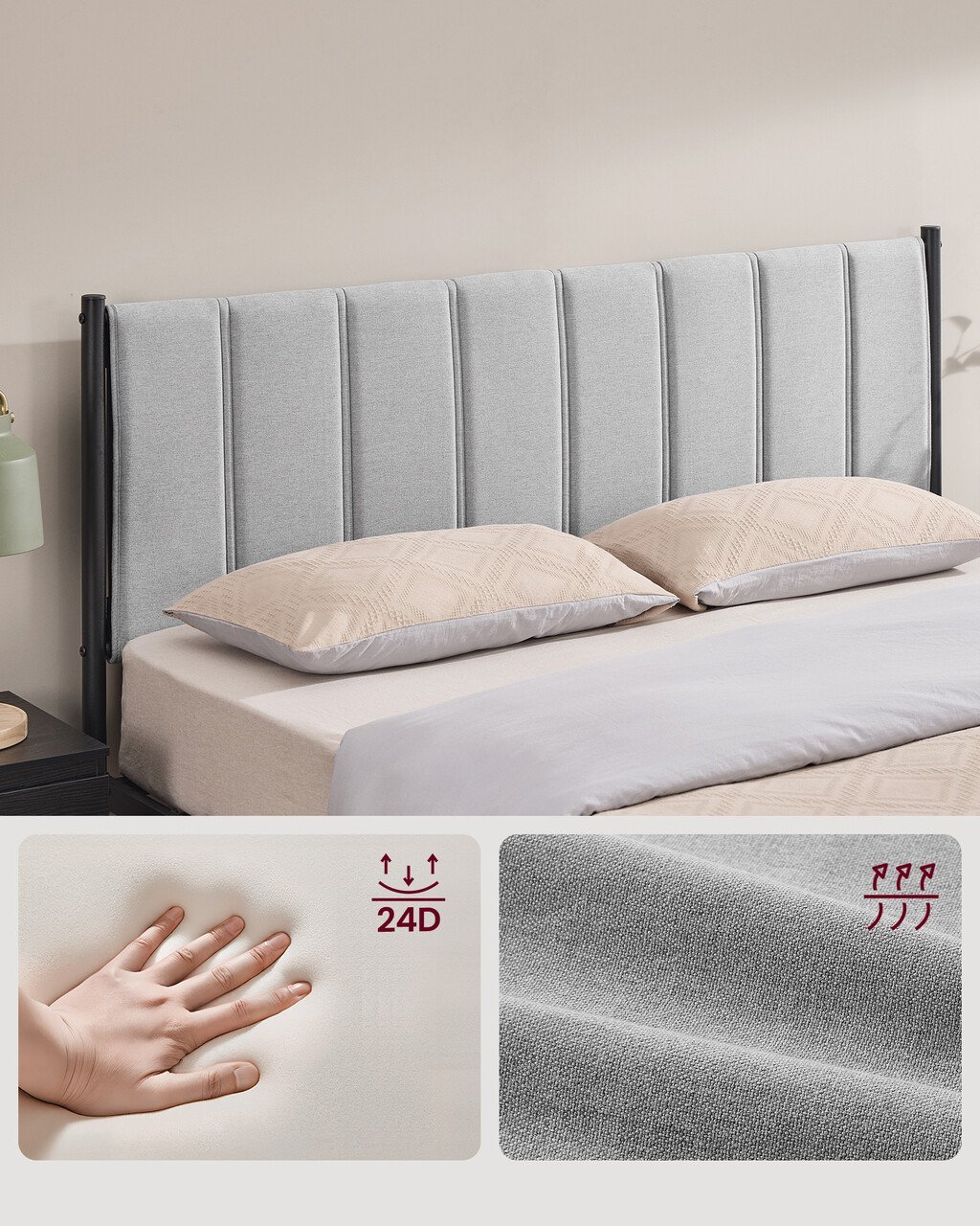 VASAGLE Pat tapitat 160x200 cm, cu tablie capitonata, cadru otel, somiera metalica fixa cu sustinere 500 kg, gri deschis 4 VASAGLE Pat tapitat 160x200 cm, cu tablie capitonata, cadru otel, somiera metalica fixa cu sustinere 500 kg, gri deschis - imagine 4