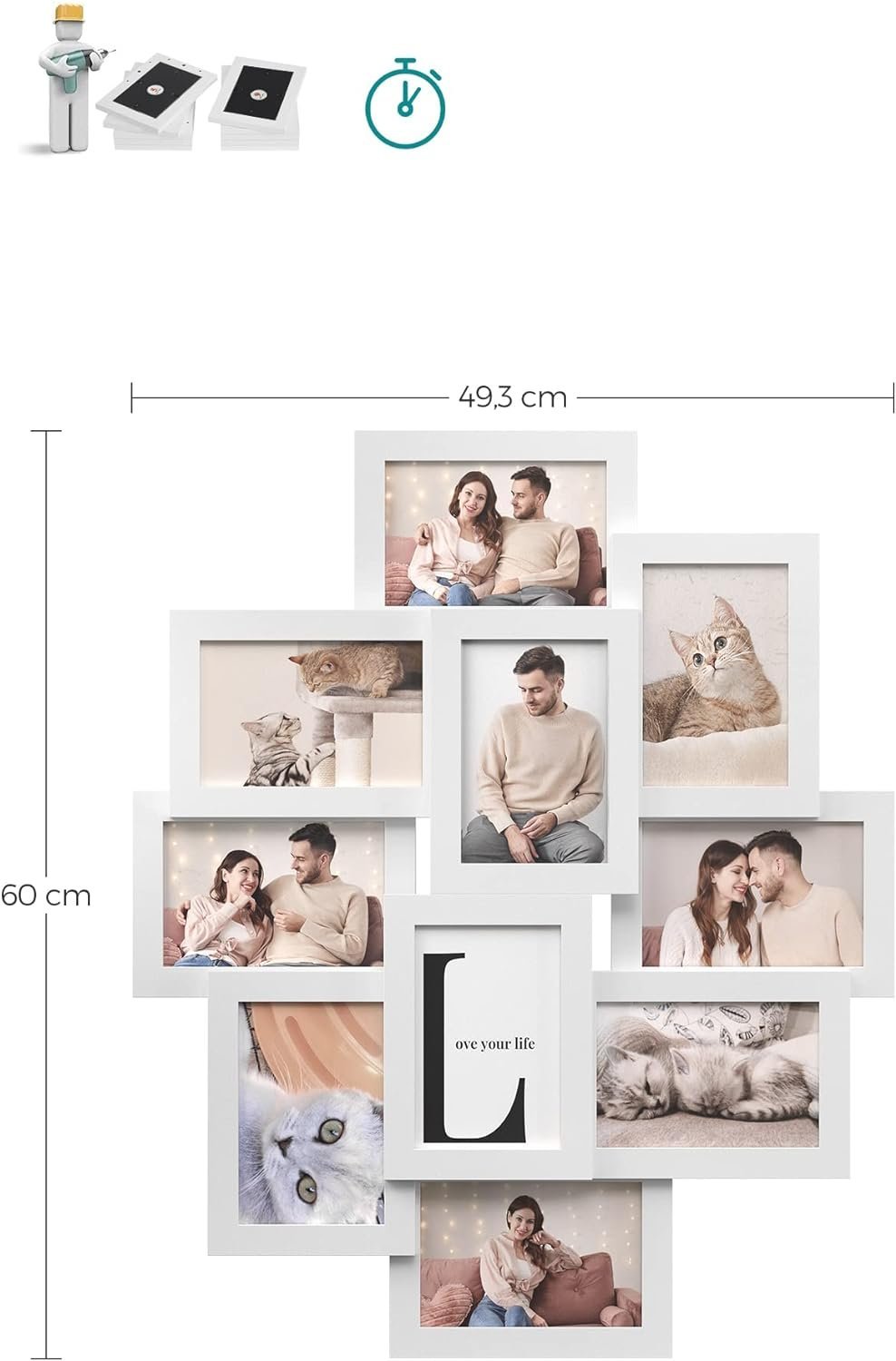 SONGMICS Rama foto de perete din MDF, colaj de 10 fotografii, 60x49cm, alb 4 SONGMICS Rama foto de perete din MDF, colaj de 10 fotografii, 60x49cm, alb - imagine 4