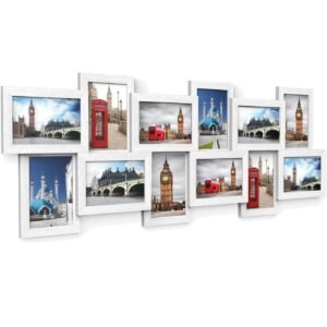 SONGMICS Rama foto de perete din MDF cu sticla, colaj de 12 fotografii, 89x33cm, alb gri