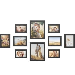 SONGMICS set rame foto 10 buc, 28×24 / 21×16 / 18×13 cm, negru, montaj perete sau birou, MDF si plastic