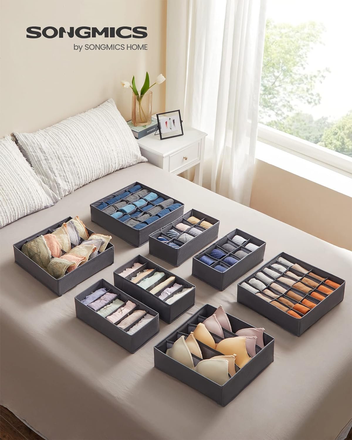 SONGMICS Organizatoare dulap sau sertar, set 8 cutii de depozitare a lenjeriei de corp, pliabile, 64x48x10cm, gri 2 SONGMICS Organizatoare dulap sau sertar, set 8 cutii de depozitare a lenjeriei de corp, pliabile, 64x48x10cm, gri - imagine 2