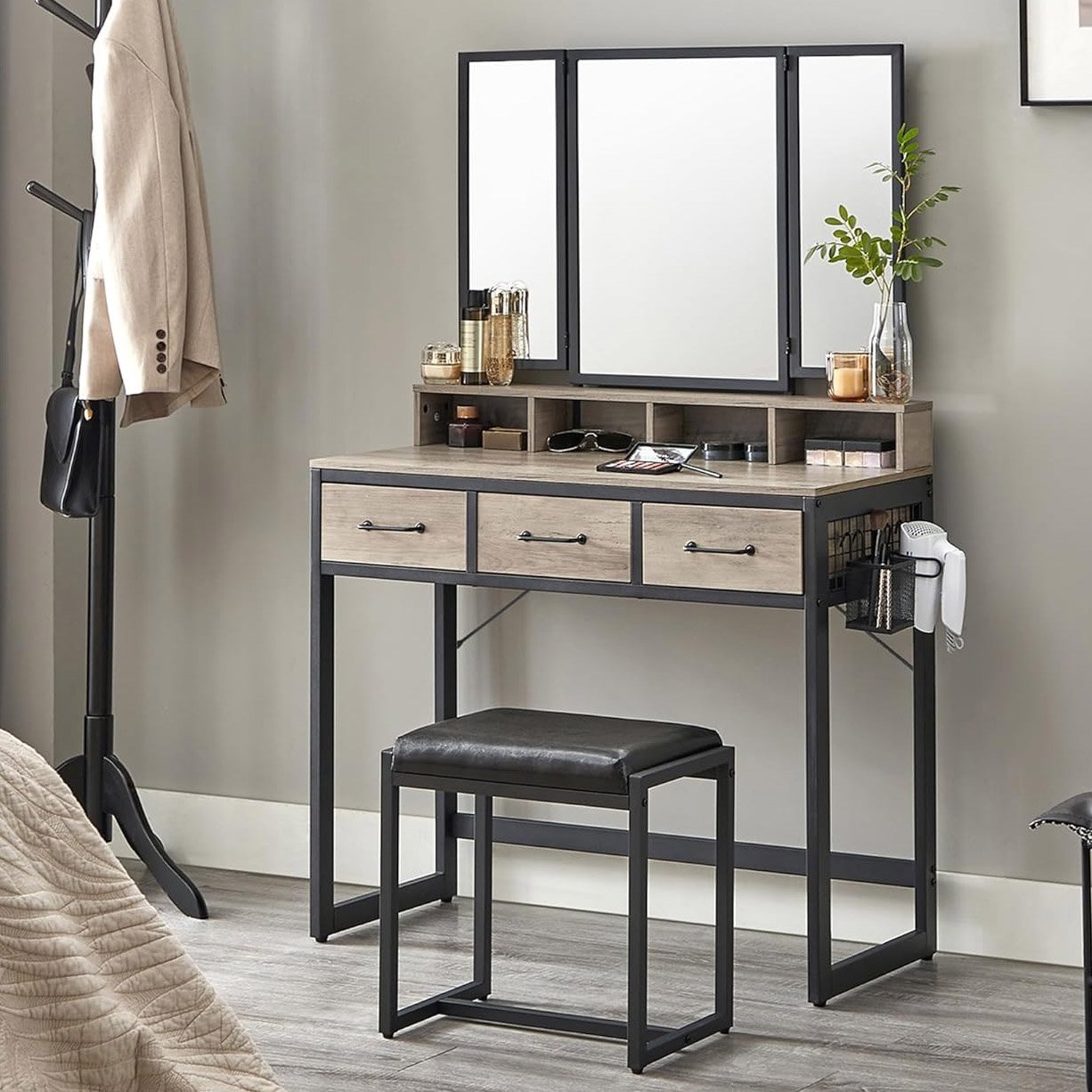 VASAGLE Masuta toaleta 90x40x141 cm, cu 3 sertare, oglinda tripla si taburet, lemn si otel, gri si negru