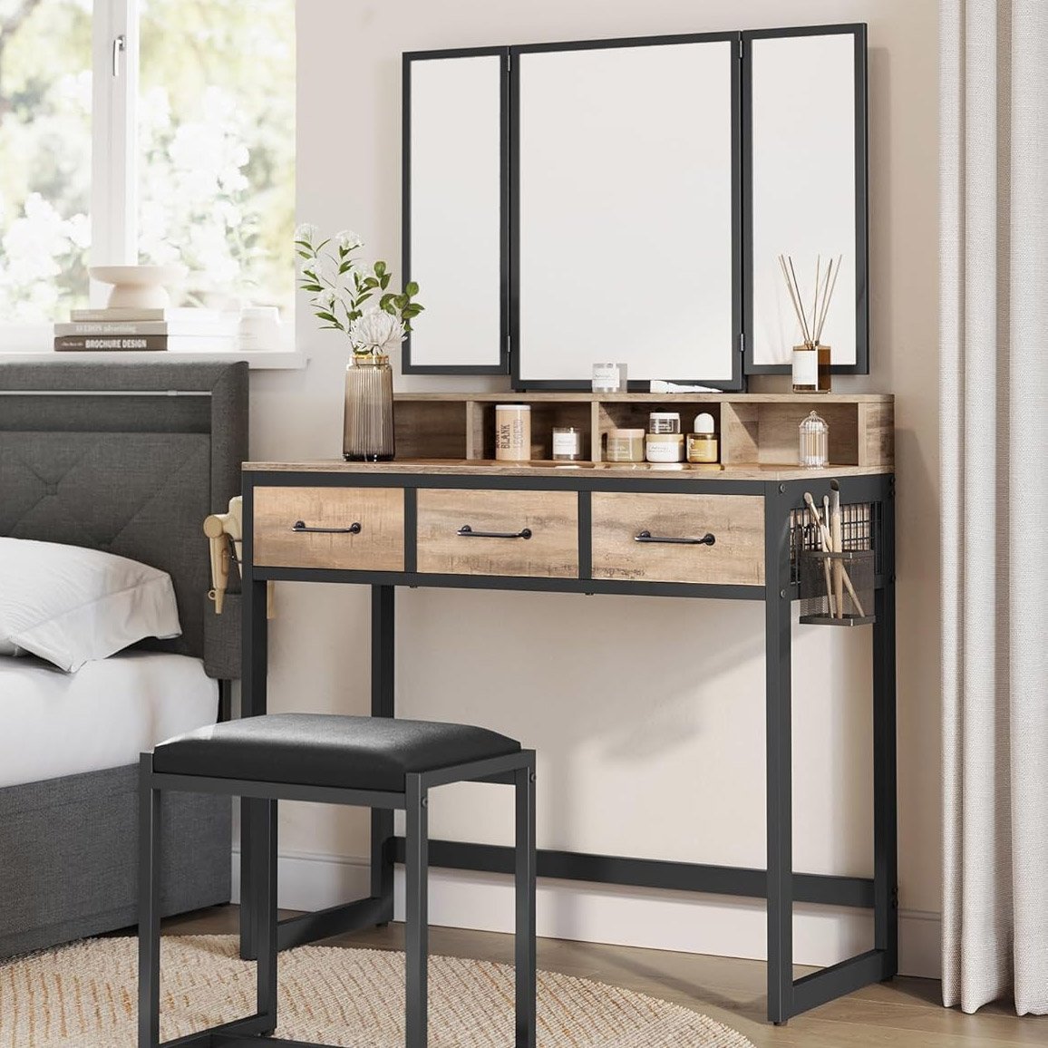 VASAGLE Masuta toaleta 90x40x141 cm, cu 3 sertare, oglinda tripla si taburet, lemn si otel, maro stejar si negru