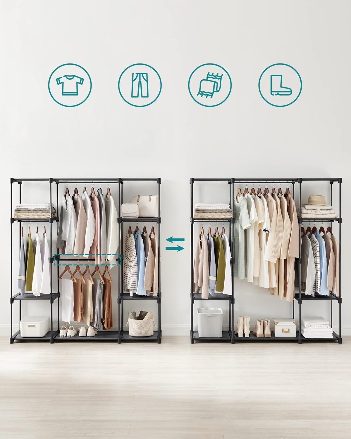 SONGMICS Dulap portabil pentru haine cu 4 bare de suspendare si rafturi, structura metalica, 151x43x166 cm, negru